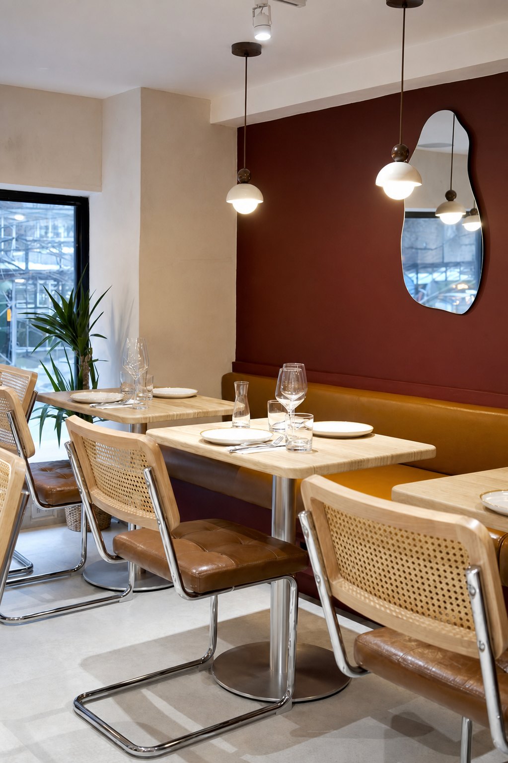 Burgundy wall, organic mirror and cane chairs inside Aromati
