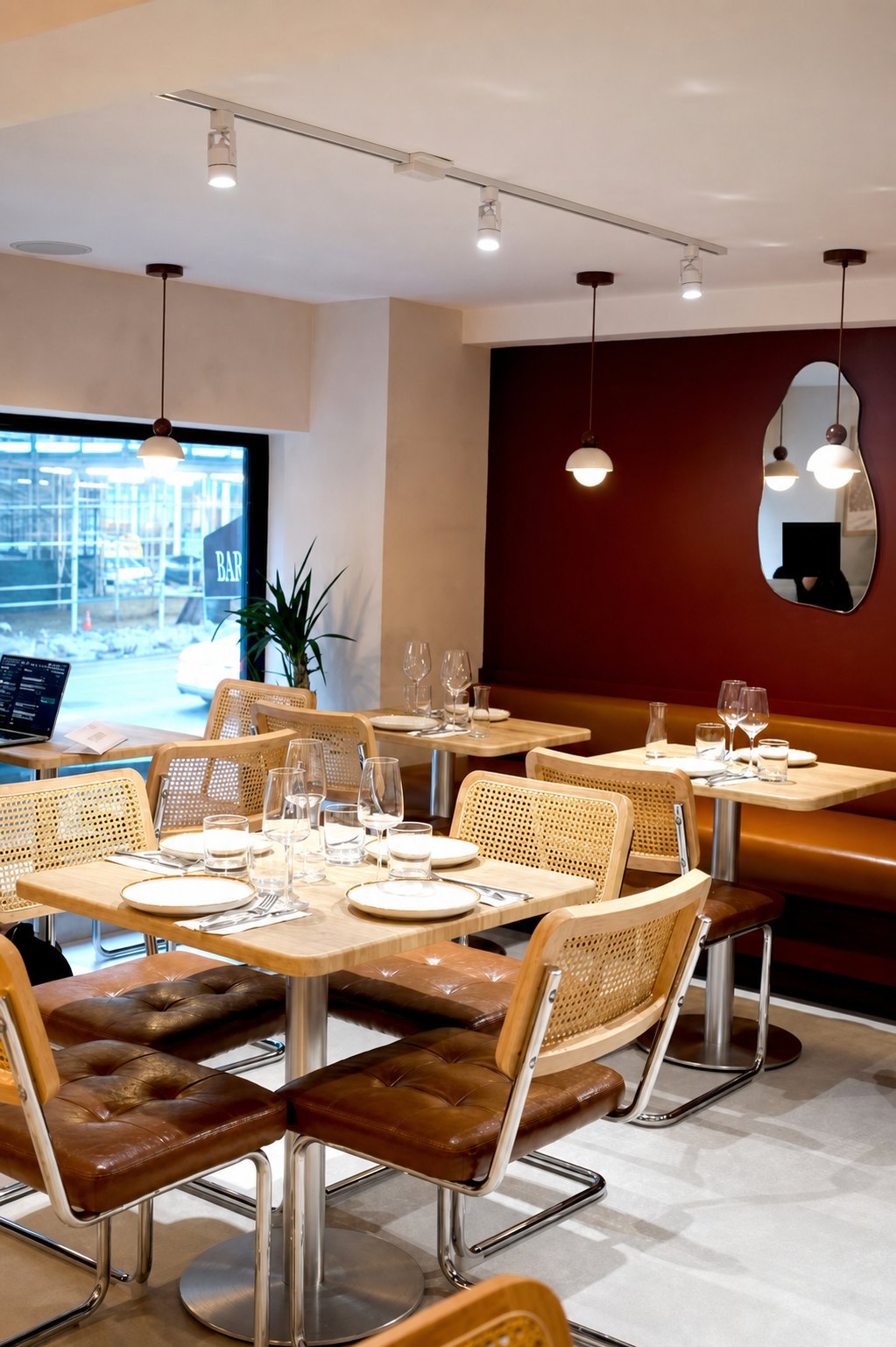 Tables set with wine glasses beneath pendant lights