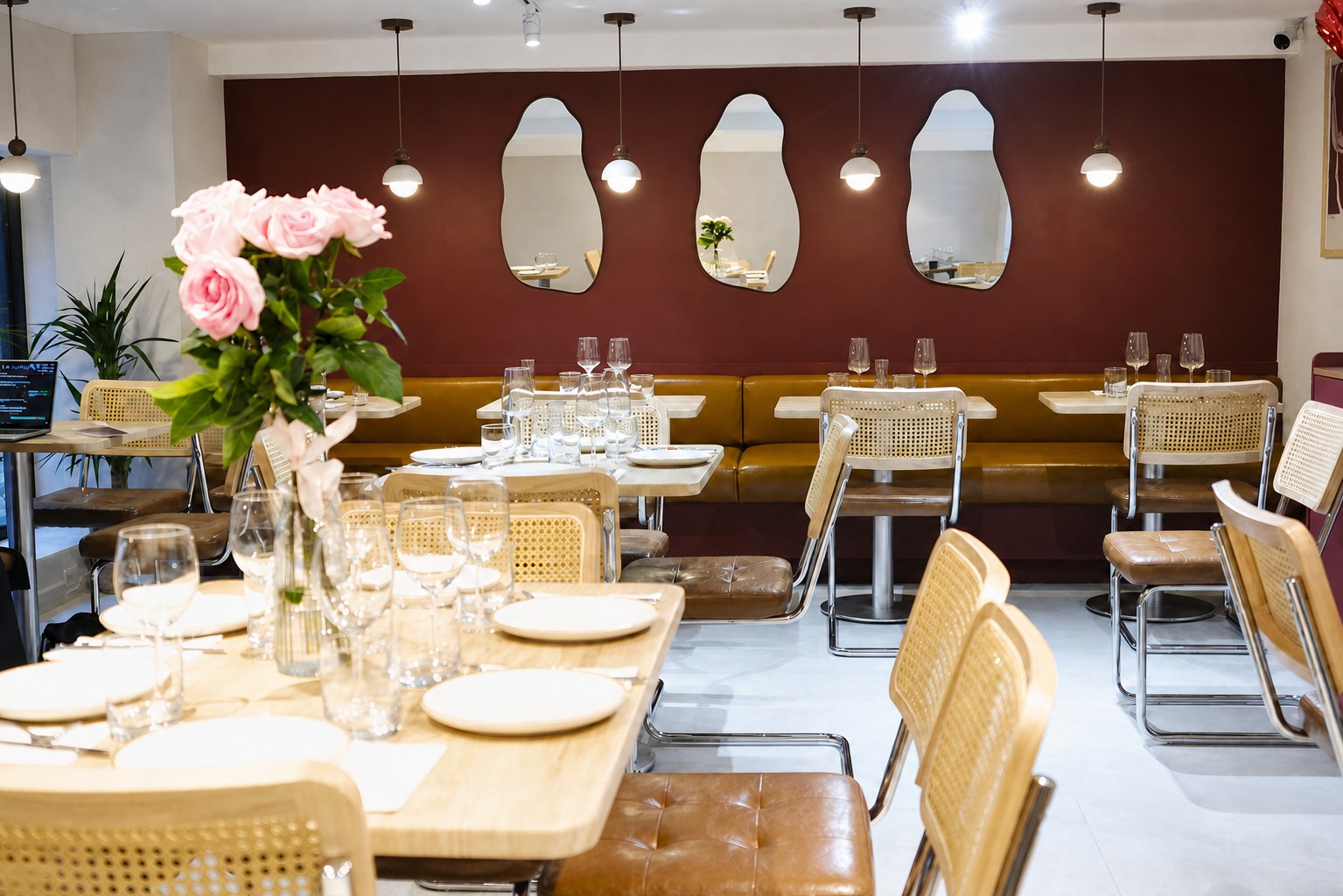 The upstairs dining room at Aromati — cane chairs, tufted leather, burgundy walls