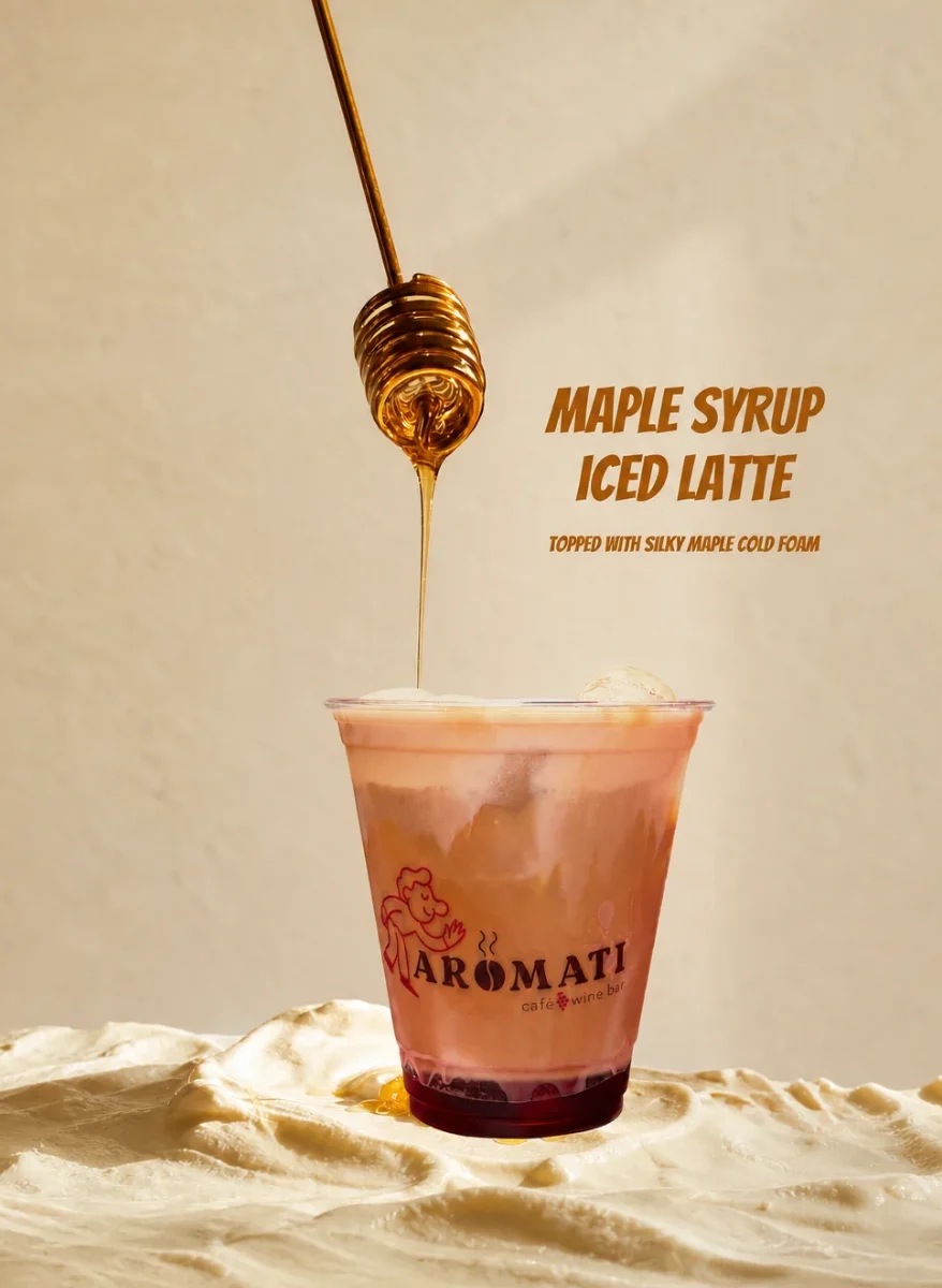 Maple syrup iced latte with cold foam