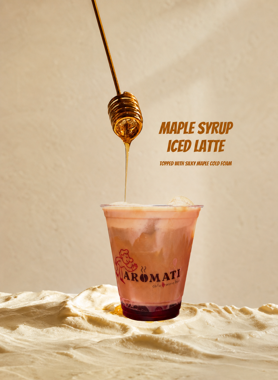 Maple syrup iced latte with cold foam