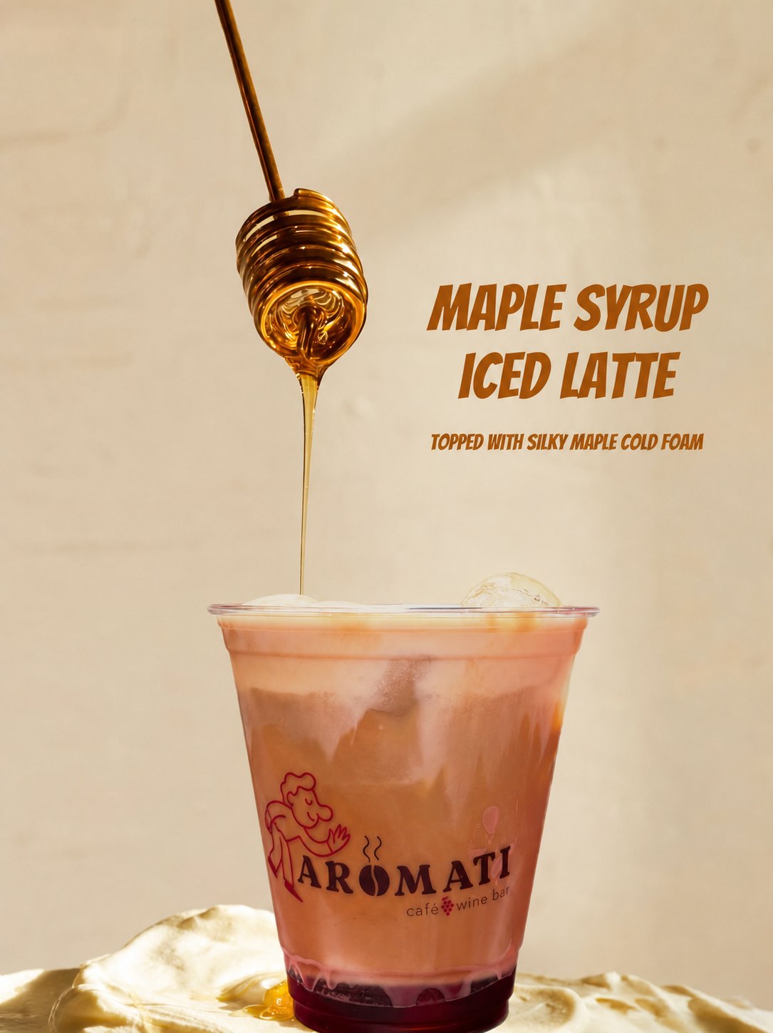 Maple syrup iced latte with cold foam