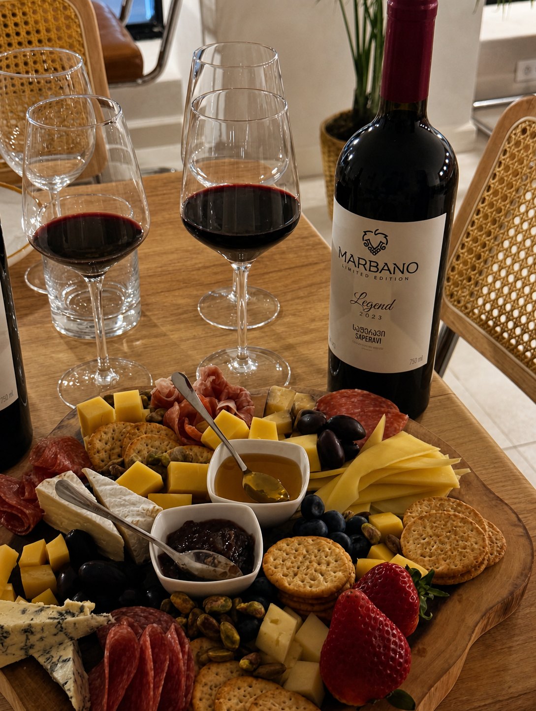 Saperavi and a cheese and charcuterie board at Aromati